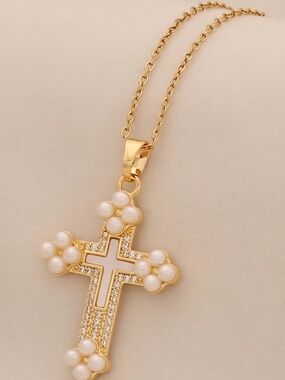 Gold Pearl Cross Pendant Necklace for Women
